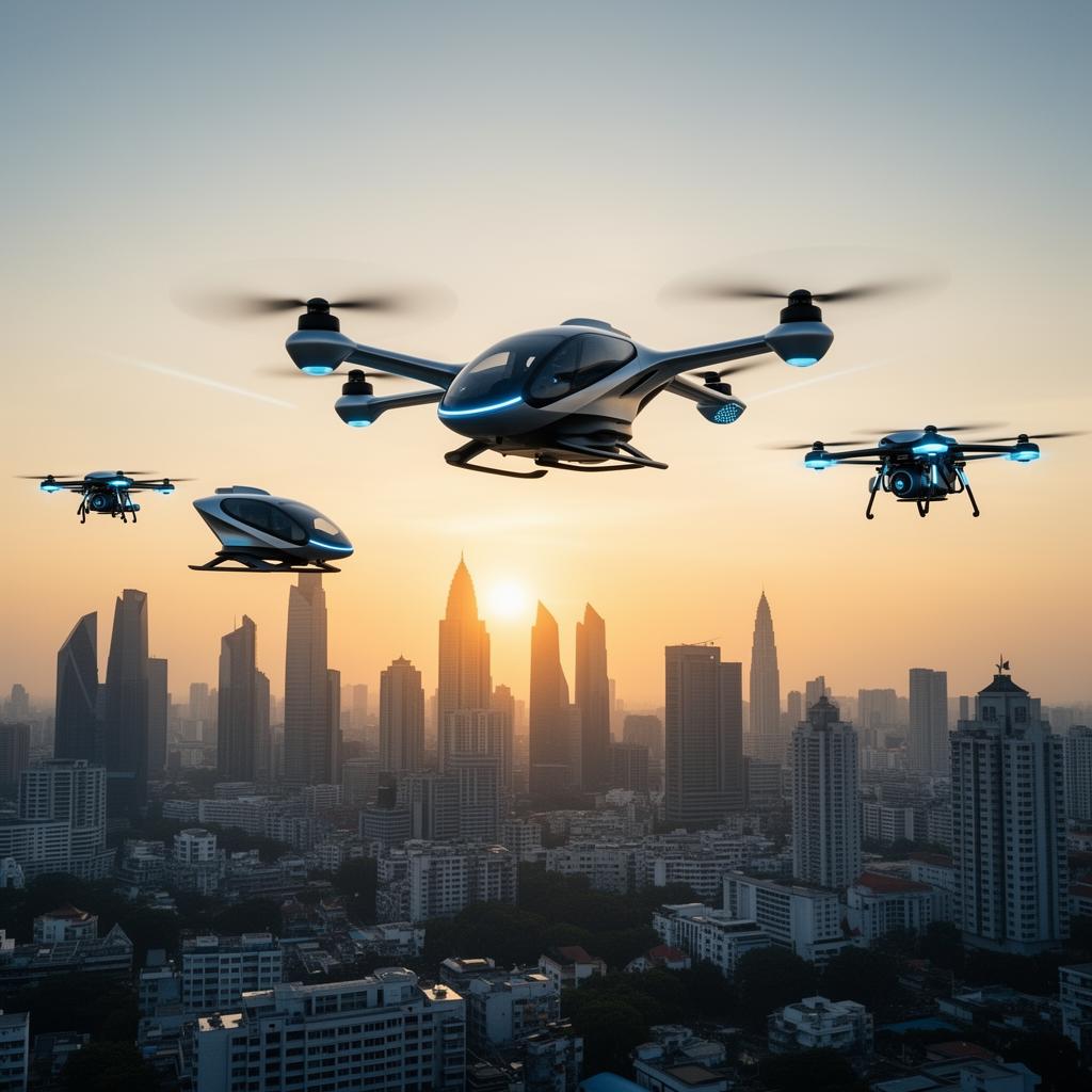 eVTOL air taxis and drones over Asian city skyline