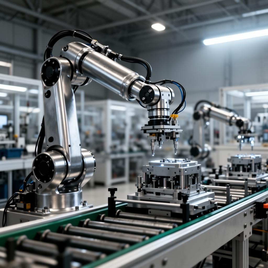 Humanoid robot in industrial factory setting